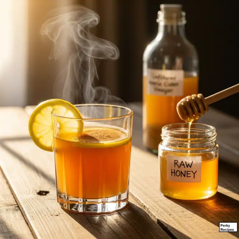 Glass cup of honey and apple cider vinegar tonic with a lemon slice and cinnamon stick on a wooden table.