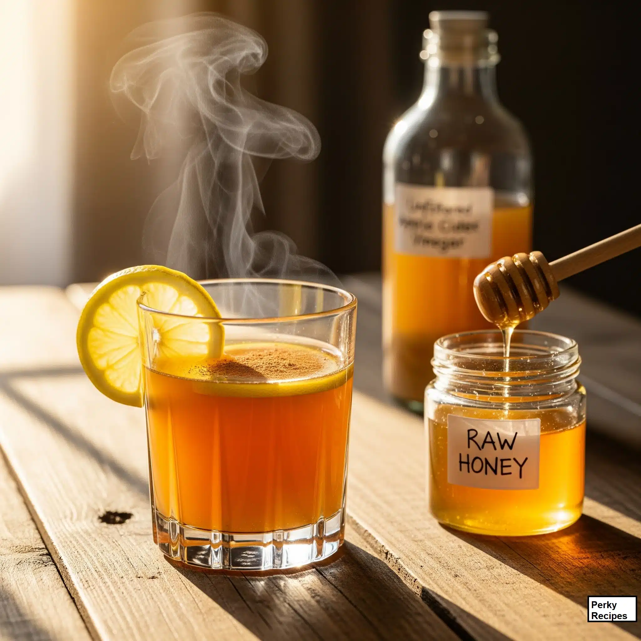 Glass cup of honey and apple cider vinegar tonic with a lemon slice and cinnamon stick on a wooden table.