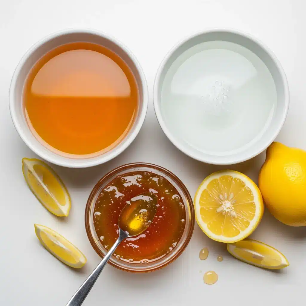 Transparent mug with a honey and apple cider vinegar drink, accompanied by a lemon slice and cinnamon stick, resting on a wooden countertop.