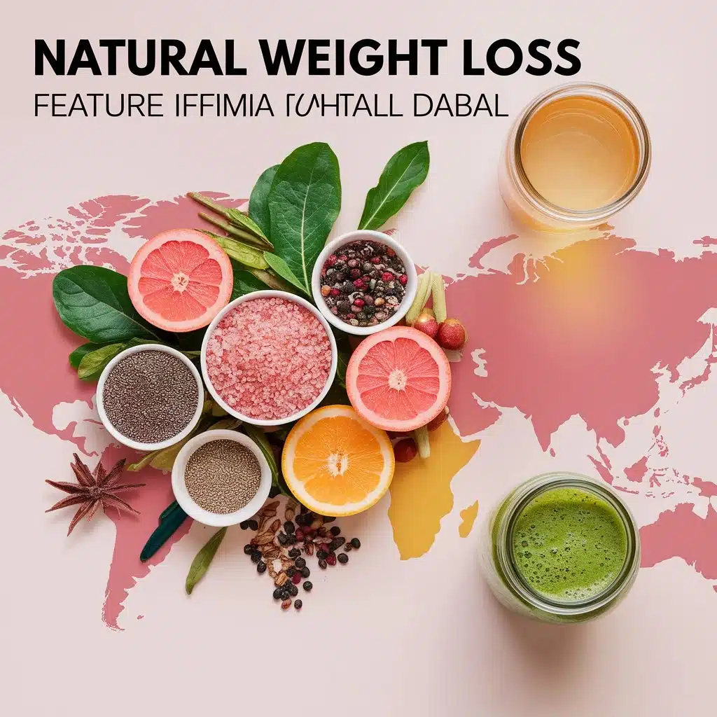 ealthy weight loss foods and drinks arranged on a light surface with global wellness concept overlay