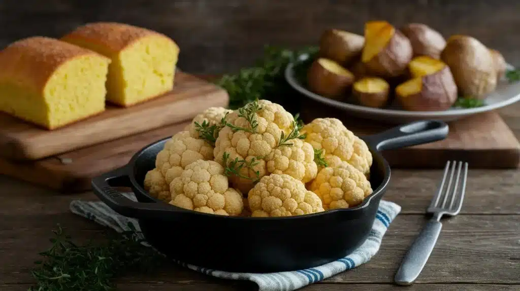 Whole roasted cauliflower with lemon, olives, and fresh herbs served Mediterranean-style.