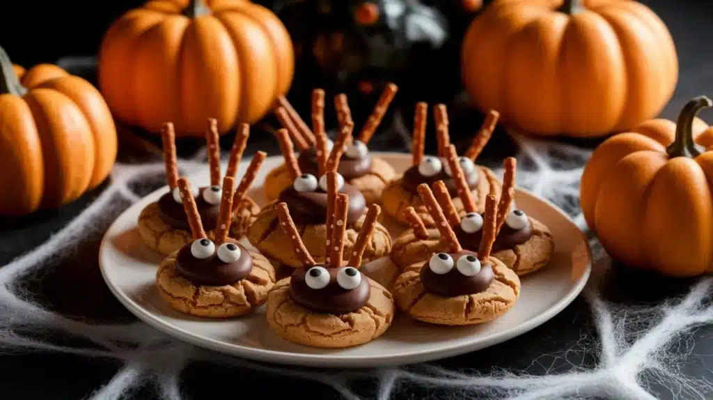 Close-up of Halloween peanut butter bug cookies with chocolate bodies, candy eyes, and pretzel legs on a festive table.