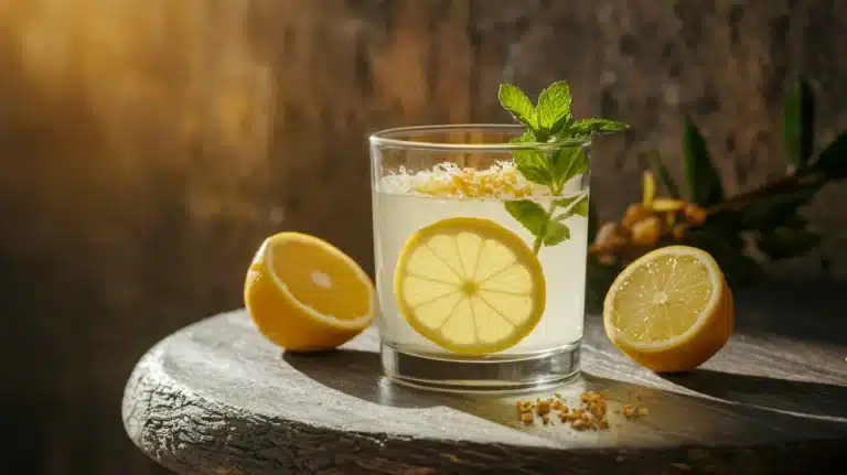 Glass of homemade detox drink with lemon, ginger, and mint for natural weight loss