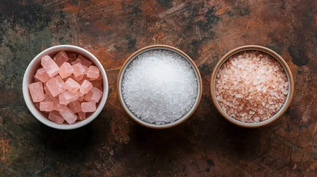 A flat lay of three small bowls: one with pink Himalayan salt crystals, one with fine white table salt, and one with coarse sea salt, on a rustic background.