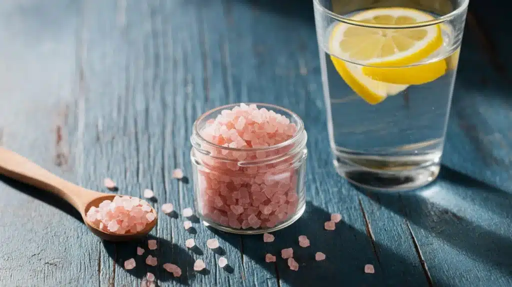 Close-up of pink Himalayan salt crystals showing natural pink hues.
